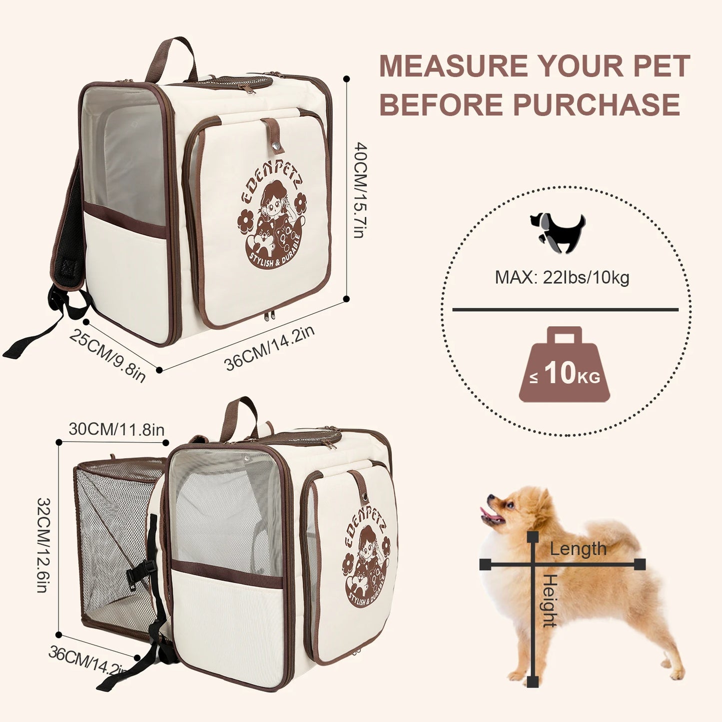 EDENPETZ Cat Dog Backpack Carrier With 10kg Capacity,Car Seat Bag,Comfort Transport Double Shoulder Travel Pet Backpack
