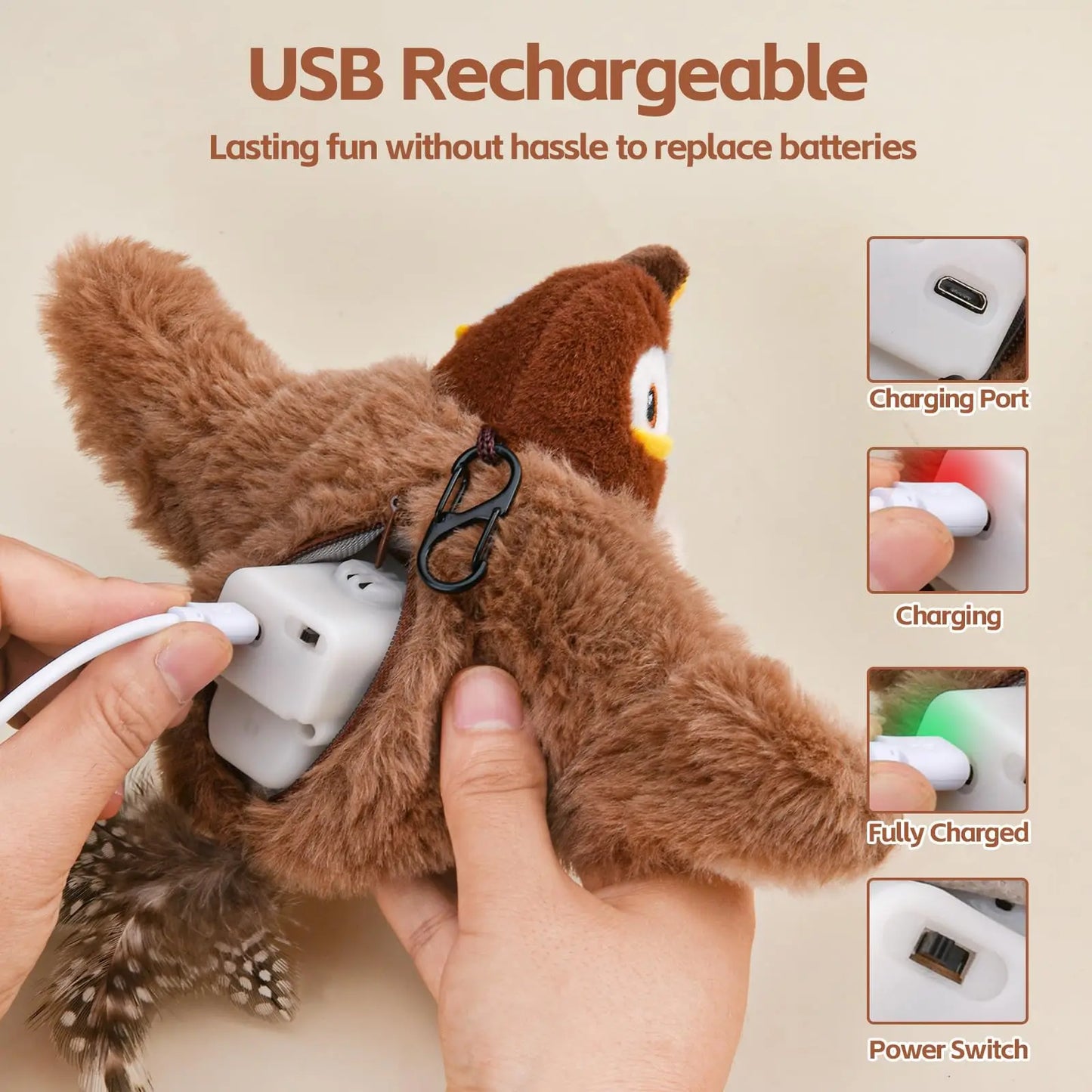 Flapping Bird Cat Toy Chirping Bird Cat Toy Flapping Wings Interactive Toy for Kitten or Dogs Touch Activated Rechargeable