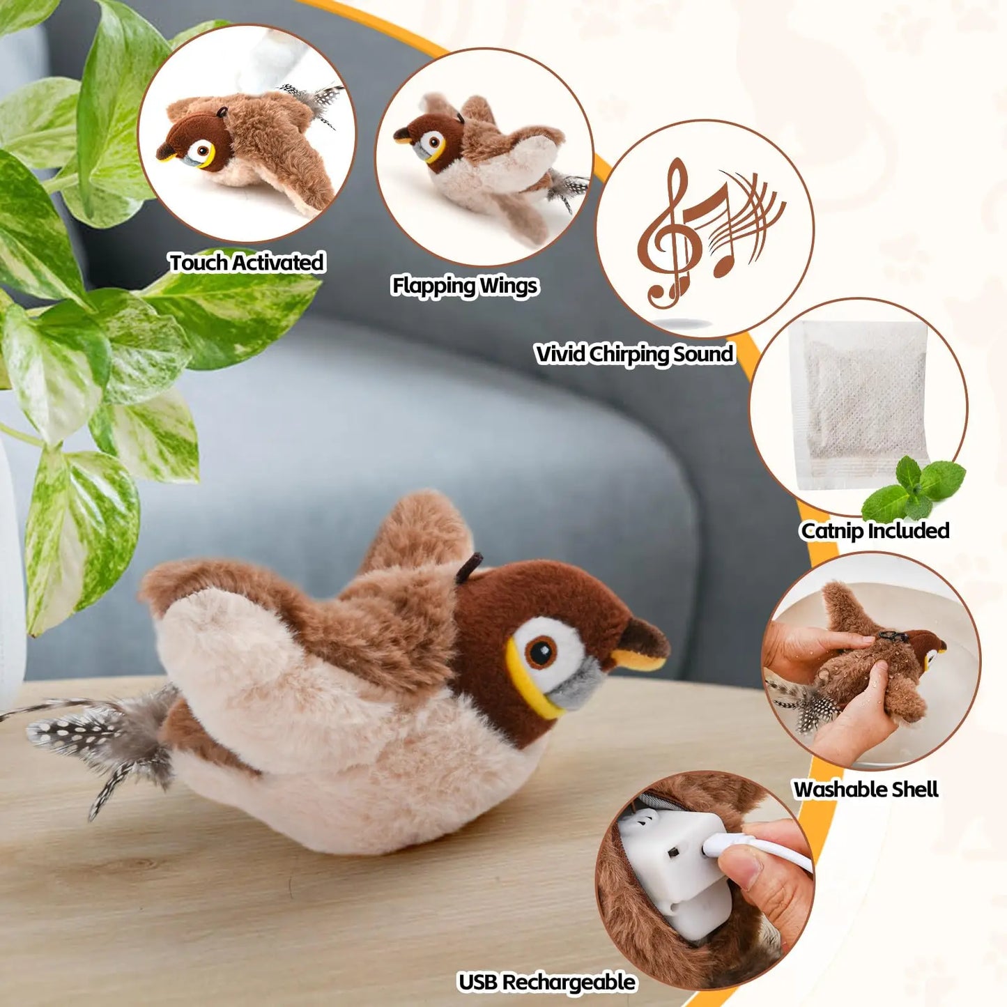 Flapping Bird Cat Toy Chirping Bird Cat Toy Flapping Wings Interactive Toy for Kitten or Dogs Touch Activated Rechargeable