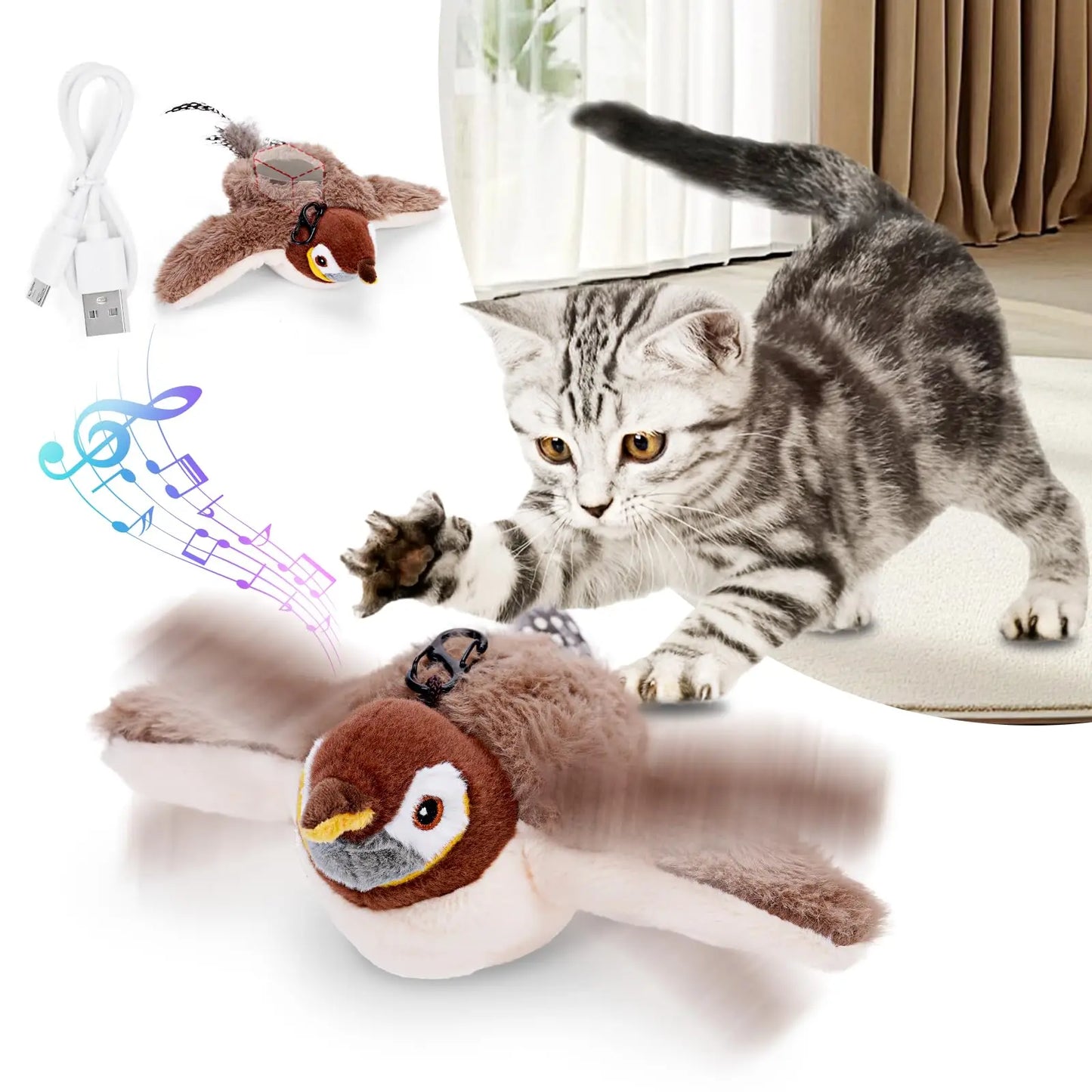 Flapping Bird Cat Toy Chirping Bird Cat Toy Flapping Wings Interactive Toy for Kitten or Dogs Touch Activated Rechargeable